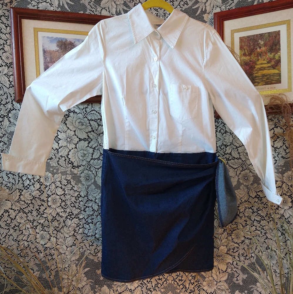 Diane Gilman white button down shirt denim skirt wrap dress skirt long sleeve